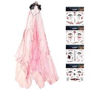 XFSRG 5 Piezas Velo de Encaje Novia Sangriento con Rosas Halloween Diadema Mexicana Día de Muertos Corona Flores con Rosas Naranjas y Decoraciones Calavera Halloween Cara Tatuajes Temporales