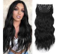 XFSRG 55cm Extensiones De Cabello Natural Rizado 4 Piezas Postizos De Pelo Largo Ondulado Con Pinzas Hair Extensions Protesis Capilares Coleta Postiza Mujer Para Fiesta(Negro)