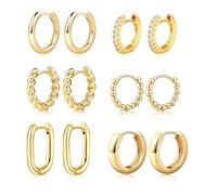 XFSRG 6 Pares Pendientes Aro Oro para Mujer Niña14K Dorados Pequeños Huggie Retorcidos Moda Varios estilos Grueso para diario oficina citas o fiestas