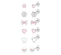 XFSRG 6 Pares Pendientes Niña Plata Hipoalergénicos Flatback Pendientes Mariposa Flor Perla Corazón Circón Pendiente Pequeños para Niñas (Conjunto 2)