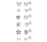 XFSRG 6 Pares Pendientes Niña Plata Hipoalergénicos Flatback Pendientes Mariposa Flor Perla Corazón Circón Pendiente Pequeños para Niñas (Conjunto 1)