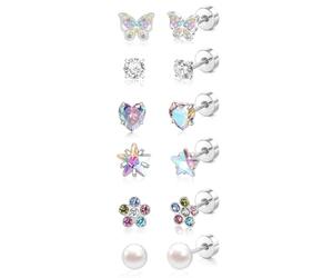 XFSRG 6 Pares Pendientes Niña Plata Hipoalergénicos Flatback Pendientes Mariposa Flor Perla Corazón Circón Pendiente Pequeños para Niñas (Conjunto 1)