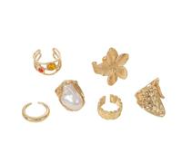 XFSRG 6 Piezas Anillos Chunky Dorados para Mujer Flor Perla y Gema Gruesos Dorados Mujer Apilables de Oro Grueso Anillos de Oro para Nudillos Ajustables