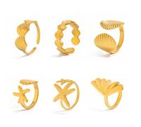 XFSRG 6 Piezas Anillos Mujer Ajustable Mar Estrellas Conchas y Estrellas de Mar Metal Chapado en Oro 14K Abiertos Joyas de Apilamiento para Mujer y Regalo para Niña (Dorado)