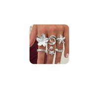 XFSRG 6 Piezas Set De Anillos Gruesos Dorados Para Mujer En Baño De Oro 14k Como Anillos De Cúpula Gruesos Modernos Para Usar Apilados O Individualmente Patrón de Concha (Plata)