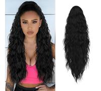 XFSRG 66cm Extensiones Coleta Pelo Natural Rizos Apretados Con Pinza Coletas Postizas Parte Del Cabello Con Pony Flequillo Postizo Pelucas Mujer Pelo Natural(Negro)