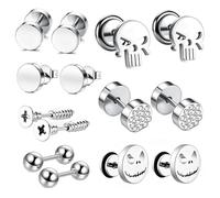 XFSRG 7 Pares Pendientes Hombre Calavera Pendientes Plata Negro Acero Inoxidable Hipoalergénico Piercing para Oreja Punk Aretes Joyas para Hombres Mujeres (Plata)