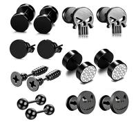 XFSRG 7 Pares Pendientes Hombre Calavera Pendientes Plata Negro Acero Inoxidable Hipoalergénico Piercing para Oreja Punk Aretes Joyas para Hombres Mujeres (Negro)
