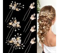 XFSRG 7 Piezas Adorno para el Cabello de Novia Horquillas Pelo Boda de Diamantes de Imitación y Perlas Hojas Nupcial Tocado para Mujer Niñas y Damas de Honor (Oro)