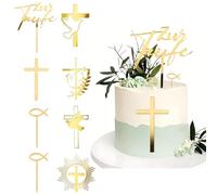 XFSRG 8Pcs Juego de Decoración para Tartas Decoración de Cruz para Tarta Espejo Acrílico Dorado con Paloma Topper de Pastel para Fiesta para Bautizo Comunión Cumpleaños y Bodas