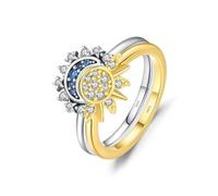 XFSRG Anillos Mujer de Moda Anillo de Plata 925 con Diseño de Sol y Luna Anillos Dorados y Plateados con Cristales Brillantes Joyería Elegante para Mujeres Anillos de Compromiso y Uso Diario