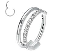 XFSRG Aro Piercing Nariz y Pendientes de Titanio G23 con Doble Banda y Zirconia Diseño con Bisagra para Septum y Oreja Hipoalergénico Joyería de Hombres y Mujeres (Plateado-2)