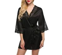 XFSRG Bata Mujer Verano Kimono Robe Satén Elegante con Encaje Albornoz Suave para Casa Pijamas Cómodo Batas de Ducha Ligero