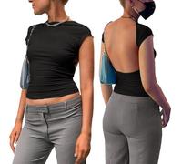 XFSRG Blusa Mujer Camiseta Manga Corta Espalda Abierta Top Corto Ajustado Elegante Basica Ropa Moda Verano Primavera Blusas Casual Estilo Moderno (Negro L)