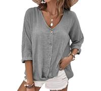 XFSRG Blusa Mujer Manga Corta Cuello V con Botones Camiseta Verano Lino Blusas Elegante Top Casual Ropa Primavera Moda Boho Basica