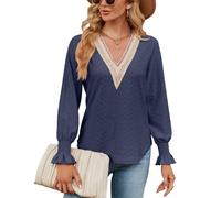 XFSRG Blusas de Mujer Elegantes Camiseta Manga Larga Cuello V Elegante Sudadera Jersey Suéter Suelto Tops Fiesta Casual T Shirt (Azul Marino/XL)