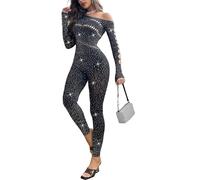XFSRG Body Mujer Sexy Brillante Hueco Strass Manga Larga Ajustado Jumpsuit Ideal para Fiestas y Eventos(Negro#1)