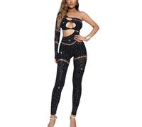 XFSRG Body Mujer Sexy Brillante Hueco Strass Manga Larga Ajustado Jumpsuit Ideal para Fiestas y Eventos(Negro#2)