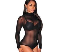 XFSRG Body para mujer de manga larga, sexy, lencería, bodysuit, mallas ajustadas, transparente, de red, elástica, de uso casual, shapewear, Negro , L