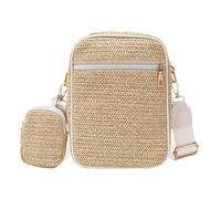 XFSRG Bolso Mujer de Playa Verano Bolsa Bandolera de Paja Tejido Embrague con Correa Ancha Ajustable y Extraíble Ideal para Compras y Viaje (Blanco)