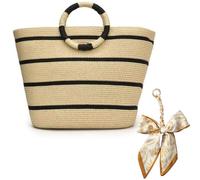 XFSRG Bolso Tote Grande Bolso Mujer de Playa Estilo Boho Chic con Asas Redondas, Bolsa Mano Tejida Rayas Elegante para Verano, Vacaciones y Viajes