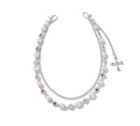 XFSRG Cadena Pantalón de Doble Capa con Flores de Strass y Perlas Accesorio de Moda Estilo Punk para Jeans Pantalones y Bolsos Chain (Plata)