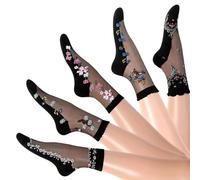 XFSRG Calcetines Mujer Verano Transparente con Flores Bordadas Calcetines Cortos Elegantes para Mujer para Cualquier Ocasión (Negro)
