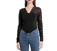 XFSRG Camiseta de Manga Larga para Mujer Cuello V Camisa Moda Top de Tul Color sólido Blusa Elegantes Camisas Color Sólido Tops Casual T-Shirt (Negro S)