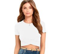 XFSRG Camiseta Manga Corta Mujer Sexy Camiseta Básica Cuello Redondo Algodón Moda Crop Top Encantador T-Shirt Corto Sólido Entallados de Verano