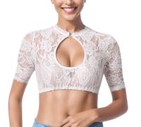 XFSRG Camiseta Mujer Manga Corta de Encaje Tradicional Blusa Dirndl Elegante Ropa Oktoberfest para Fiesta Carnaval(Blanco/XL)