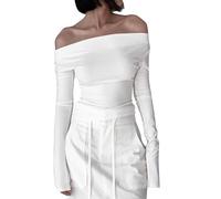 XFSRG Camiseta para Mujer Camiseta Manga Corta con Hombros Descubiertos Blusa T Shirt Slim Chic Clubwear Casual Bodycon Elástico Tops(Blanco S)