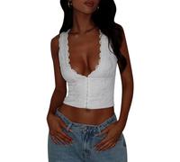 XFSRG Camiseta Tirantes Mujer de Encaje Sexy Top Verano Sin Mangas Escote en V Tops con Sujetador Adhesivo para Citas y Salidas Nocturnas(S)