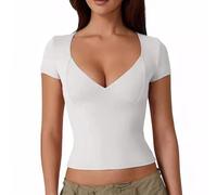 XFSRG Camisetas Manga Corta para Mujer Verano Sexy Moda Y2k Slim Tops con Escote en Forma de Corazón Suave Crop Top Profundo Cuello en V Camisa Crop Tops (Blanco S)