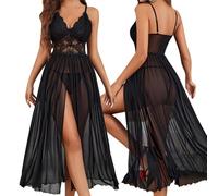 XFSRG Camison Sexy Mujer Encaje Transparente Neglige Ropa de Noche Elegante Transpirable Elastico para Noches Especiales y Verano (Negro M)