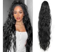 XFSRG Coleta Postiza Pelo Natural Ondulado Sintética Ponytail Drawstring Extensiones de Cabello Coleta para Mujeres（Negro/60CM）