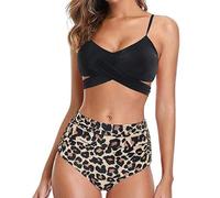 XFSRG Conjunto de Bikinis para Mujer Sexy Push Up con Estampado de Flores Retro y FruncidoTraje de Baño de Dos Piezas Halter para el Verano en la Playa(Negro-L)