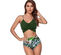 XFSRG Conjunto de Bikinis para Mujer Sexy Push Up con Estampado de Flores Retro y FruncidoTraje de Baño de Dos Piezas Halter para el Verano en la Playa(Verde-L)