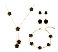 XFSRG Conjunto de Joyas De TréBol Cuatro Hojas, Chapado en Oro 18 Quilates, Collar Trébol Pendientes, Pulsera, Joyería Moda Para Inoxidable Delicado Juego Regalos(Negro)