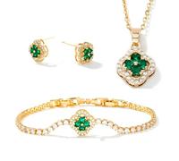XFSRG Conjunto de Joyas de Trébol de Cuatro Hojas Cobre con Circonitas Colgante Collar Pendientes Pulsera Juego De Joyas Para Madres Novias Regalo (Dorado)