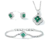 XFSRG Conjunto de Joyas de Trébol de Cuatro Hojas Cobre con Circonitas Colgante Collar Pendientes Pulsera Juego De Joyas Para Madres Novias Regalo (Plateado)
