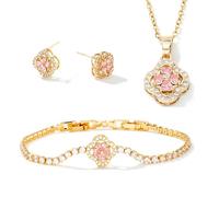 XFSRG Conjunto de Joyas de Trébol de Cuatro Hojas Cobre con Circonitas Colgante Collar Pendientes Pulsera Juego De Joyas Para Madres Novias Regalo (Dorado-1)