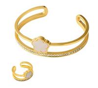 XFSRG Conjunto de Joyas Mujer de Moda Juego de Pulsera y Anillo con Diseño de Trébol Acabado en Oro y Detalles en Negro Perfecto para Todas las Ocasiones (Blanco)