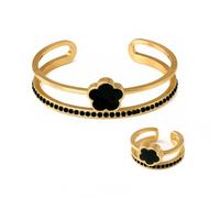 XFSRG Conjunto de Joyas Mujer de Moda Juego de Pulsera y Anillo con Diseño de Trébol Acabado en Oro y Detalles en Negro Perfecto para Todas las Ocasiones (Negro)