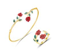 XFSRG Conjunto de Joyas Rosa Juego pulsera y anillo Conjunto Pulsera, Esmalte Delicado Para Mujeres, Adolescentes y Niñas(Oro)