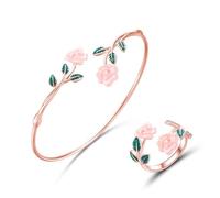 XFSRG Conjunto de Joyas Rosa Juego pulsera y anillo Conjunto Pulsera, Esmalte Delicado Para Mujeres, Adolescentes y Niñas(plata)