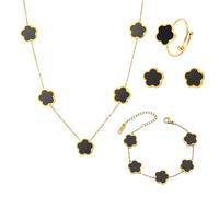 XFSRG Conjunto de Joyas Trébol Cuatro Hojas para Mujer y Niñas Oro Plateado Flor Trébol Collar con Colgante Pendientes Pulsera Aretes Anillo Pulsera Esmalte Delicado(Negro)