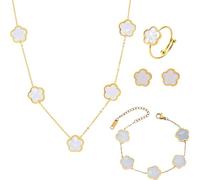 XFSRG Conjunto de Joyas Trébol Cuatro Hojas para Mujer y Niñas Oro Plateado Flor Trébol Collar con Colgante Pendientes Pulsera Aretes Anillo Pulsera Esmalte Delicado(Blanco)