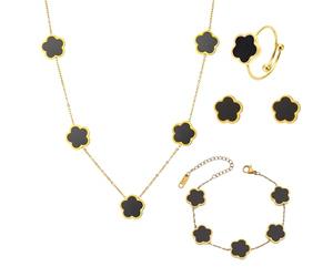 XFSRG Conjunto de Joyas Trébol Cuatro Hojas para Mujer y Niñas Oro Plateado Flor Trébol Collar con Colgante Pendientes Pulsera Aretes Anillo Pulsera Esmalte Delicado(Negro)