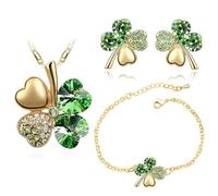XFSRG Conjunto de Joyería para Mujer Collar de Trébol de Cuatro Hojas con Colgante de Cristal Pendientes y Pulsera Elegante para Bodas y Fiestas (Verde-1)