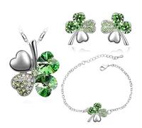 XFSRG Conjunto de Joyería para Mujer Collar de Trébol de Cuatro Hojas con Colgante de Cristal Pendientes y Pulsera Elegante para Bodas y Fiestas (Verde-2)